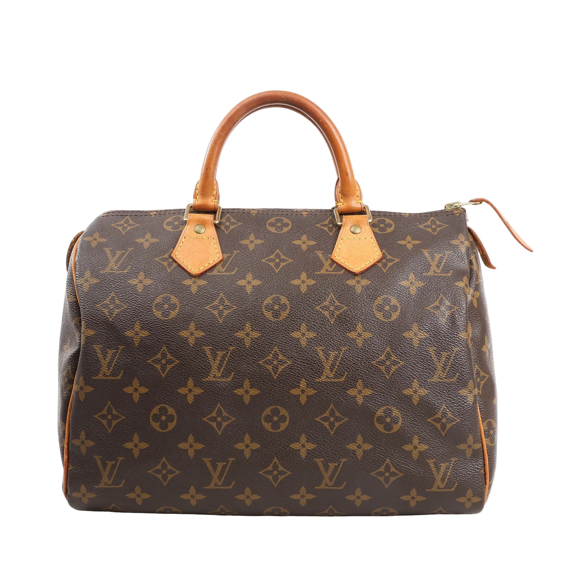 Louis Vuitton Speedy 30 handbag in brown monogram canvas with natural leather top handles, gold-tone hardware, and a zip closure.