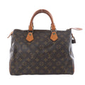 Louis Vuitton Speedy 30 brown Monogram canvas handbag with tan leather top handles, leather trim, top zipper and gold-tone hardware.
