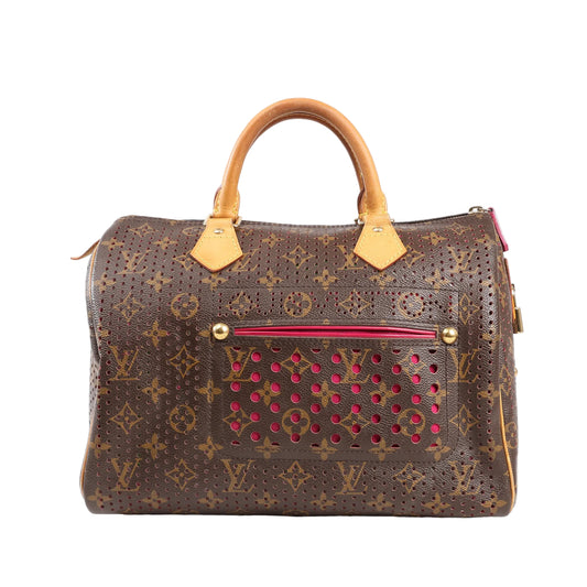 Louis Vuitton Monogram Perforated Speedy 30 handbag in brown canvas with pink underlay, gold-tone hardware, top handles, and front zip pocket, model M95180.