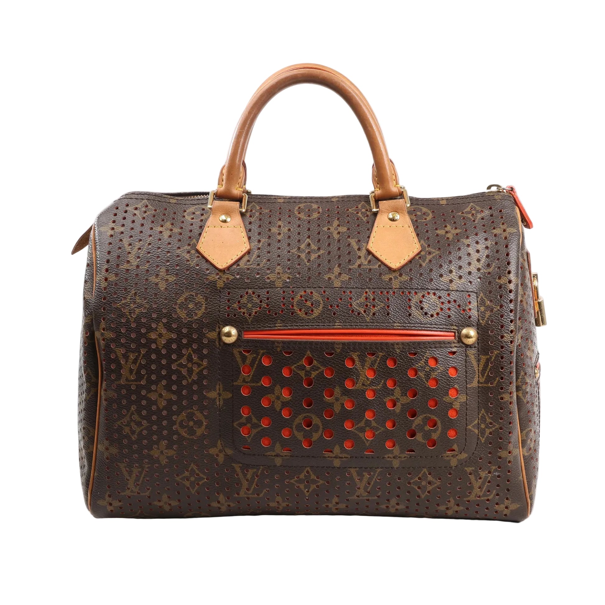 Louis Vuitton Speedy 30 handbag M95182 in brown Monogram Perforated Canvas with red underlay, vachetta leather handles, and front zip pocket.