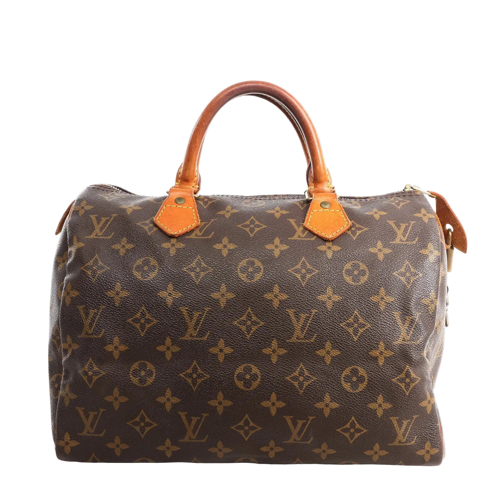 Louis Vuitton Speedy 30 handbag in brown Monogram coated canvas with natural cowhide leather rolled top handles, zip closure, and gold-tone hardware on a white background.