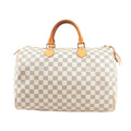 Louis Vuitton Speedy 35 handbag N41535 in beige Damier Azur checkered canvas with natural leather top handles, gold-tone hardware, and structured silhouette.