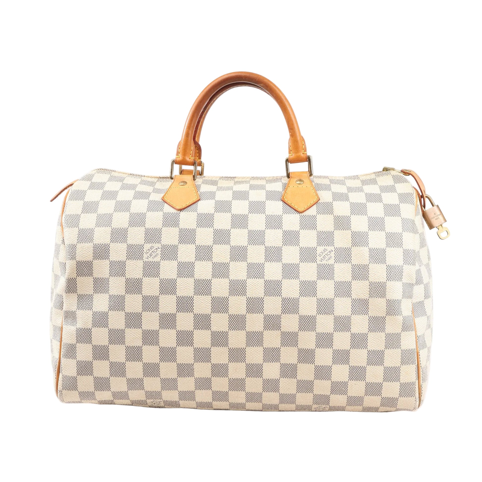 Louis Vuitton Speedy 35 handbag N41535 in beige Damier Azur checkered canvas with natural leather top handles, gold-tone hardware, and structured silhouette.