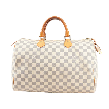 Louis Vuitton Speedy 35 handbag N41535 in beige Damier Azur checkered canvas with natural leather top handles, gold-tone hardware, and structured silhouette.