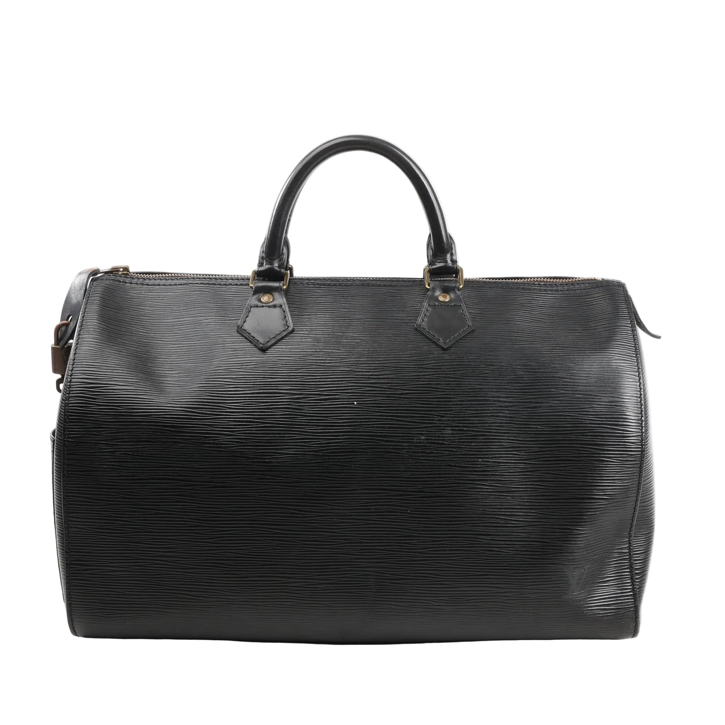 Louis Vuitton Speedy 35 handbag in black Epi leather with textured finish, featuring dual rolled leather handles and gold-tone hardware.
