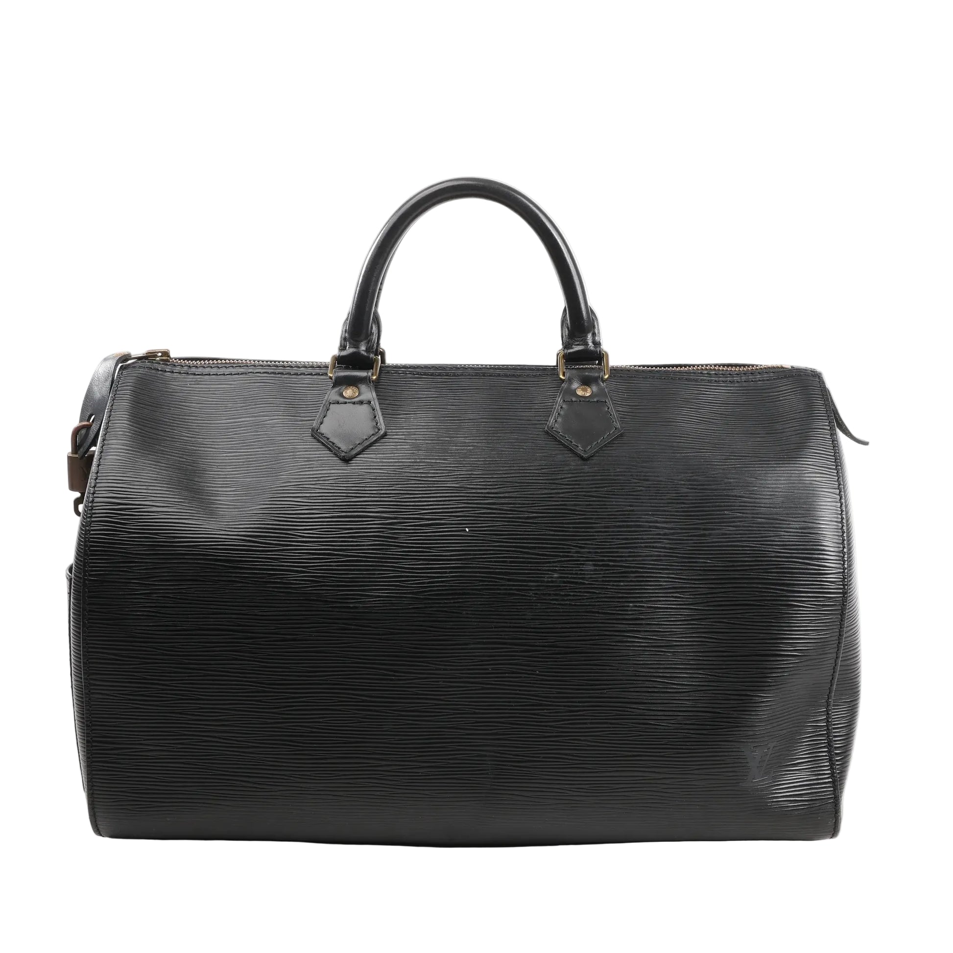 Louis Vuitton Speedy 35 handbag in black Epi leather with textured finish, featuring dual rolled leather handles and gold-tone hardware.