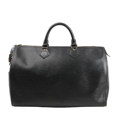 Louis Vuitton Speedy 35 handbag in black Epi leather with textured finish, featuring dual rolled leather handles and gold-tone hardware.
