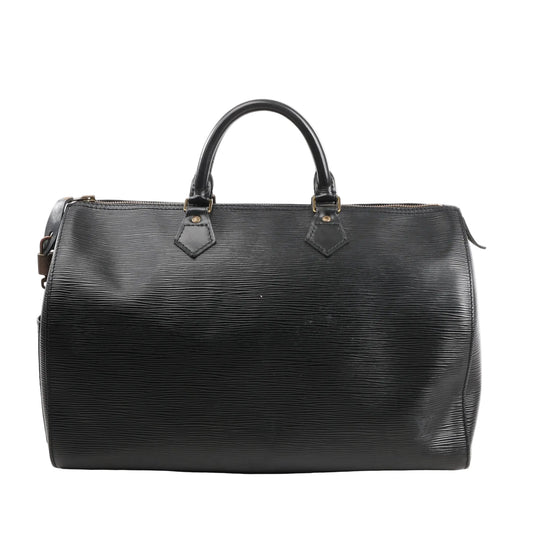 Louis Vuitton Speedy 35 handbag in black Epi leather with textured finish, featuring dual rolled leather handles and gold-tone hardware.