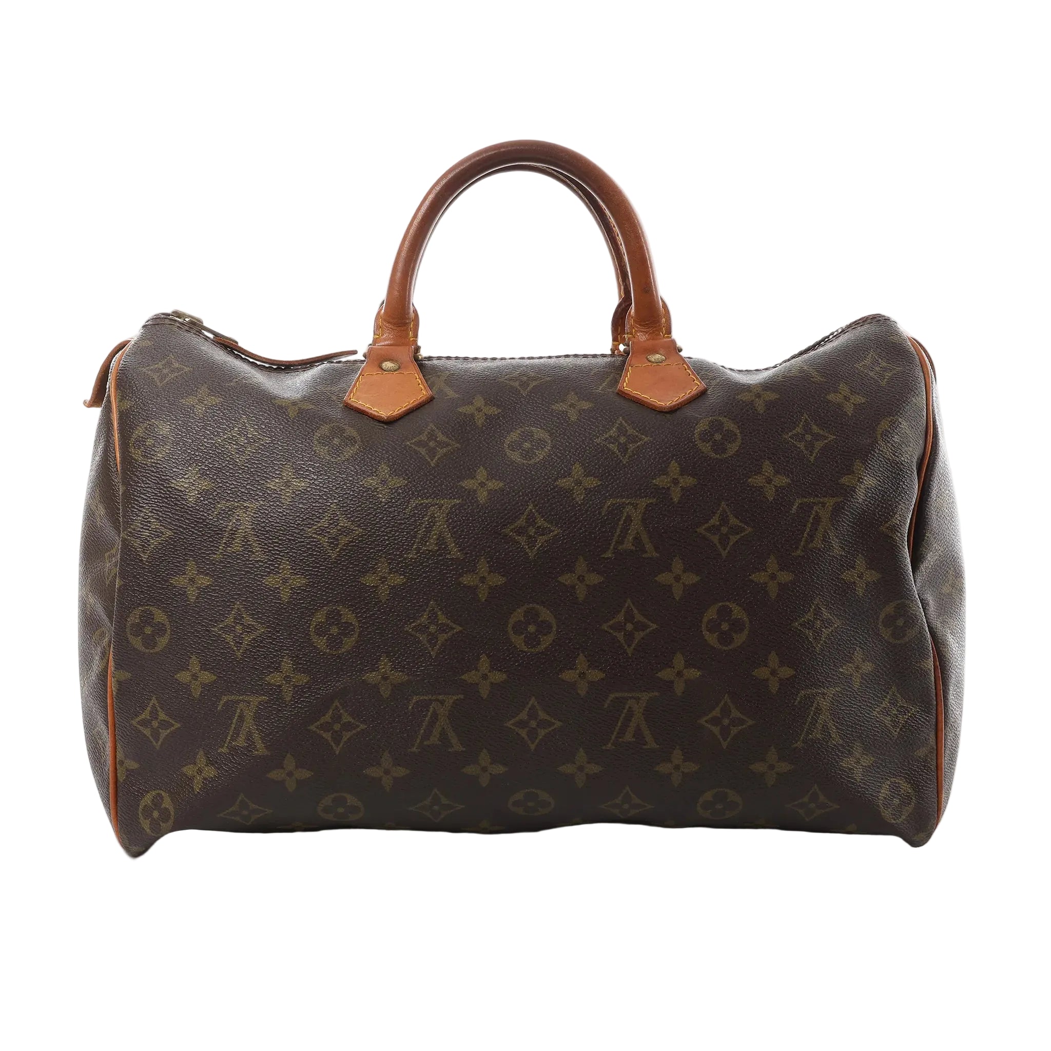 Louis Vuitton Speedy 35 handbag in brown Monogram canvas with tan leather top handles, zip-top closure, and vachetta leather trim on white background