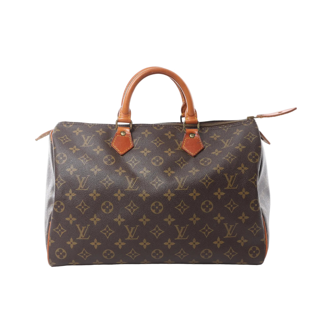 Louis Vuitton Speedy 35 handbag in brown Monogram canvas with natural leather rolled top handles, leather trim and zip-top closure.