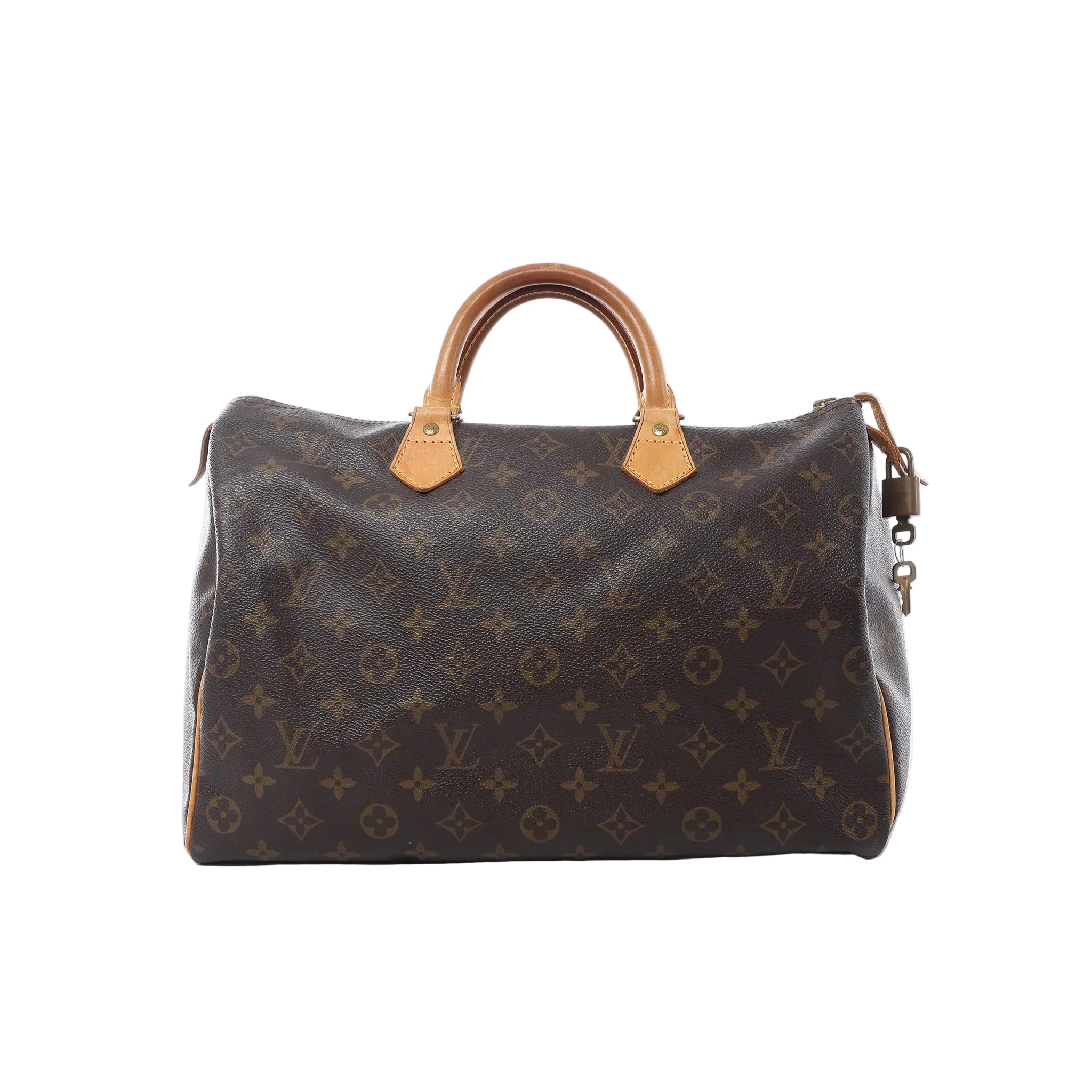 Louis Vuitton Speedy 35 handbag in brown Monogram canvas with tan vachetta leather handles, zip-top closure, leather zipper pulls, and hanging padlock on white background.