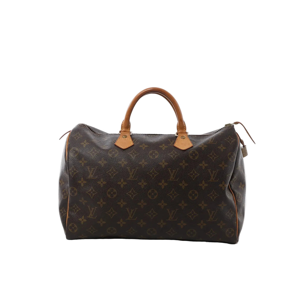 Front view of Louis Vuitton Speedy 35 handbag in brown Monogram canvas with vachetta leather top handles, zip-top closure, and side leather piping.