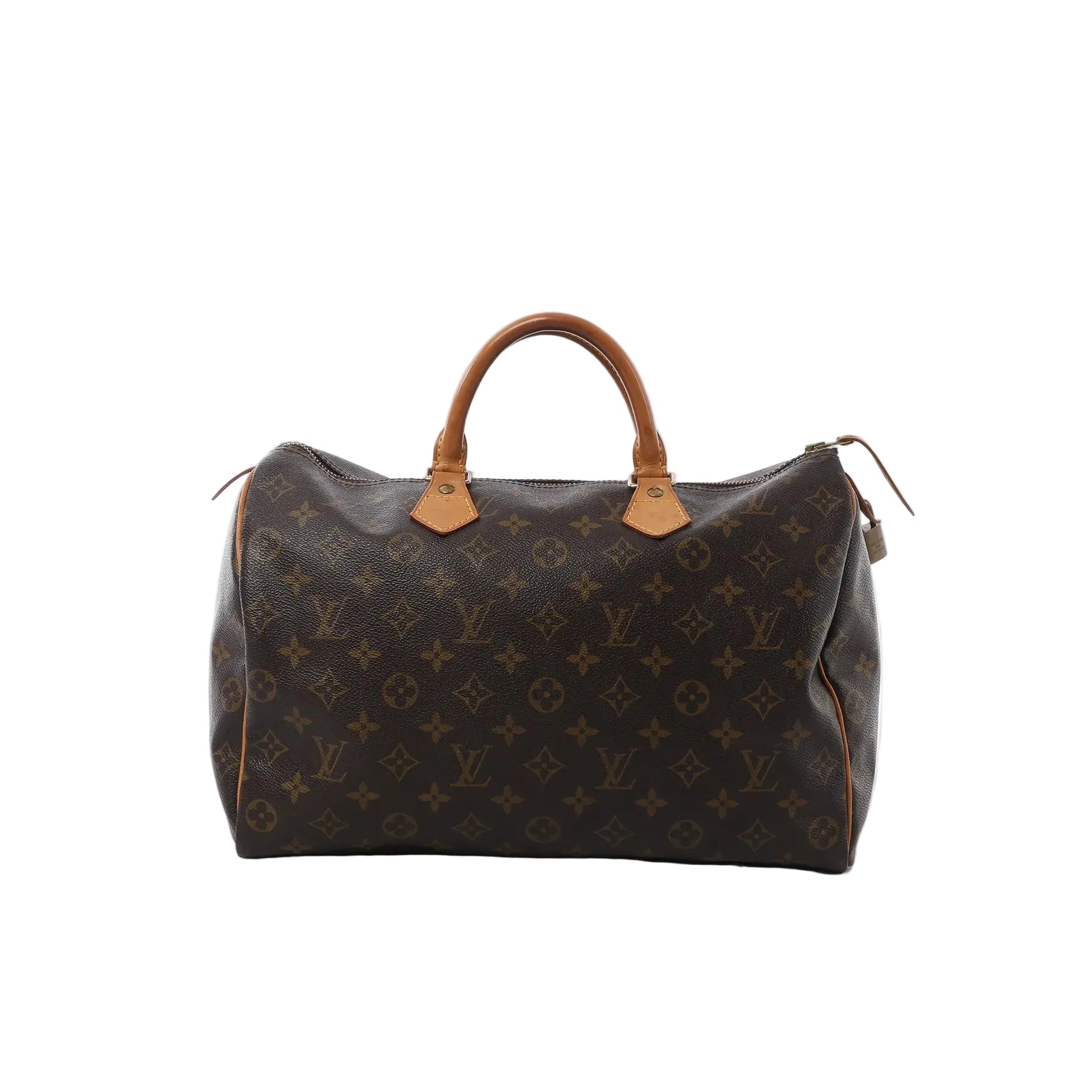 Front view of Louis Vuitton Speedy 35 handbag in brown Monogram canvas with vachetta leather top handles, zip-top closure, and side leather piping.