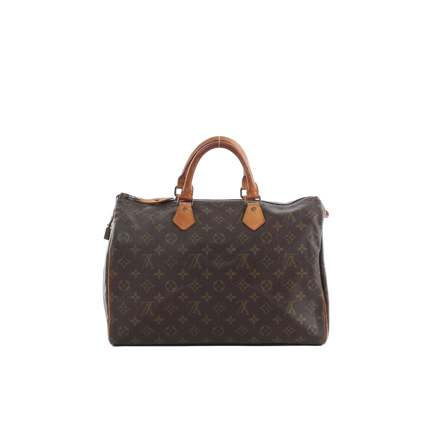 Louis Vuitton Speedy 35 handbag in brown Monogram canvas with tan leather top handles and top zip closure.