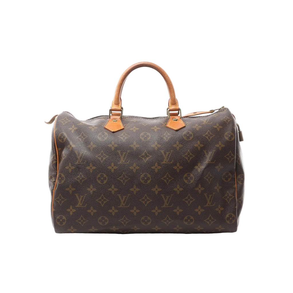 Louis Vuitton Speedy 35 brown Monogram canvas handbag with vachetta leather rolled top handles, vachetta trim, and a top zip closure, shown on a white background.