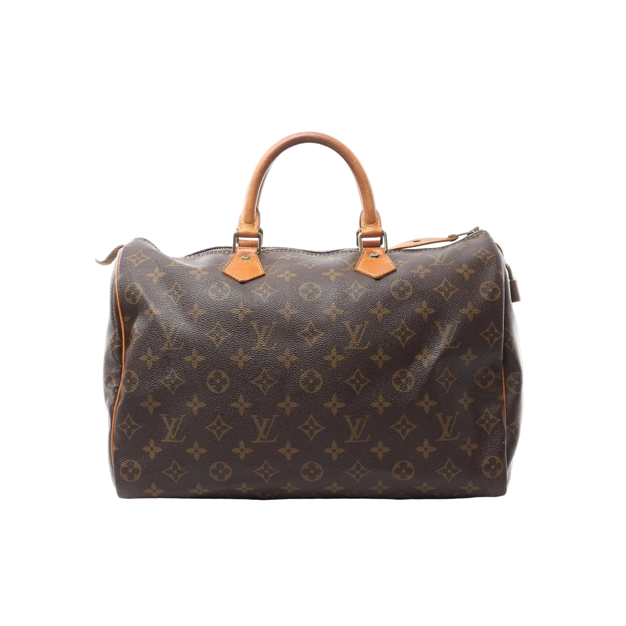 Louis Vuitton Speedy 35 brown Monogram canvas handbag with vachetta leather rolled top handles, vachetta trim, and a top zip closure, shown on a white background.