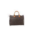 Louis Vuitton Speedy 35 handbag in brown Monogram canvas with tan rolled leather handles, gold-tone hardware and top zip closure.