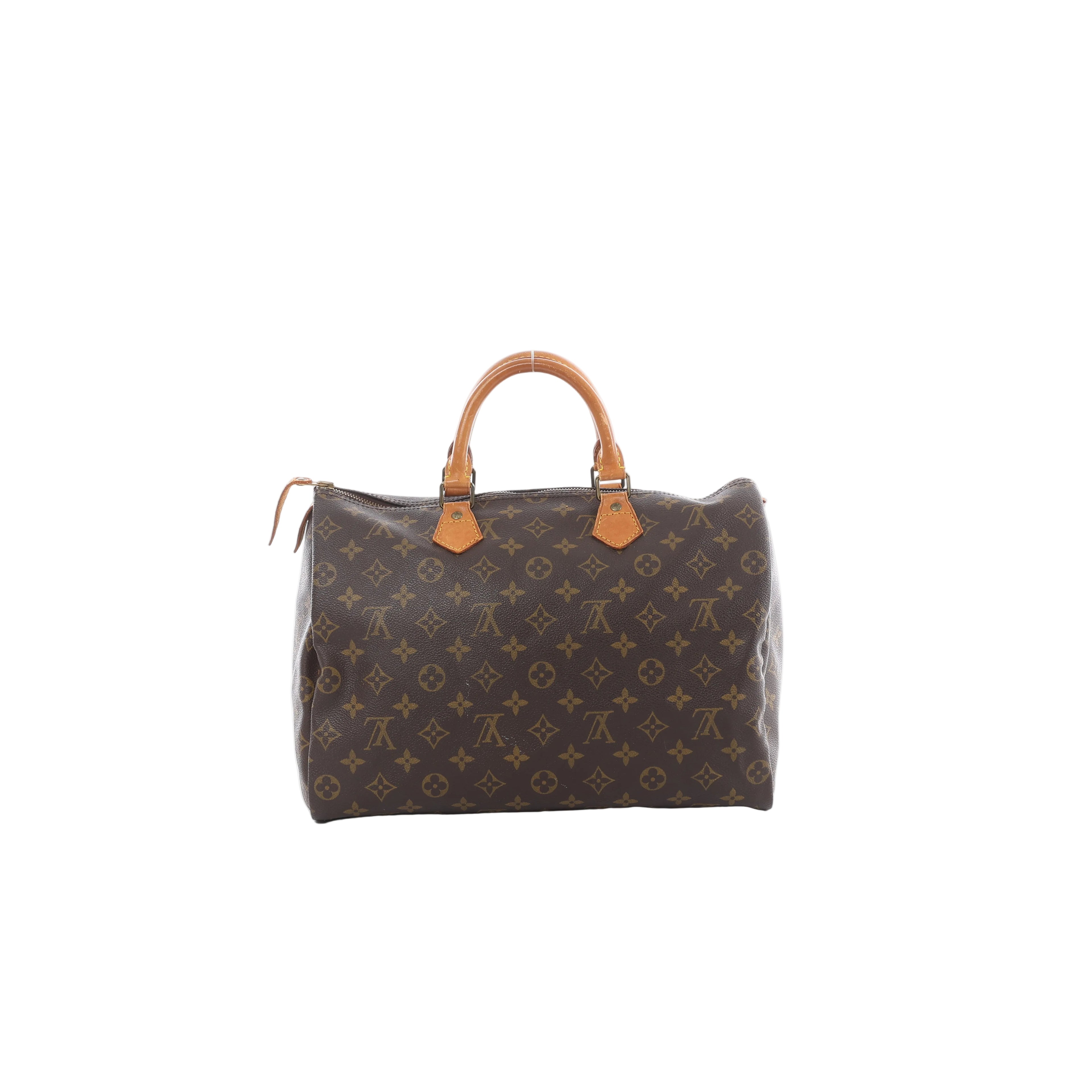 Louis Vuitton Speedy 35 handbag in brown Monogram canvas with tan rolled leather handles, gold-tone hardware and top zip closure.