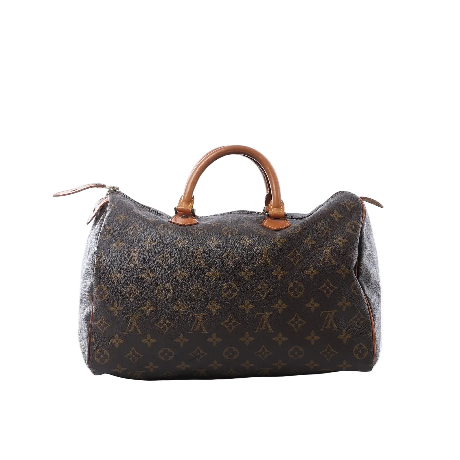 Louis Vuitton Speedy 35 handbag in brown Monogram canvas with tan vachetta leather handles, zip-top closure, and leather zipper pulls on white background.