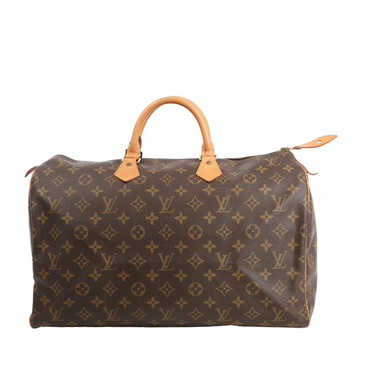 Front view of a Louis Vuitton Speedy 40 handbag in brown Monogram canvas featuring natural leather top handles, gold-tone zipper, and spacious silhouette.