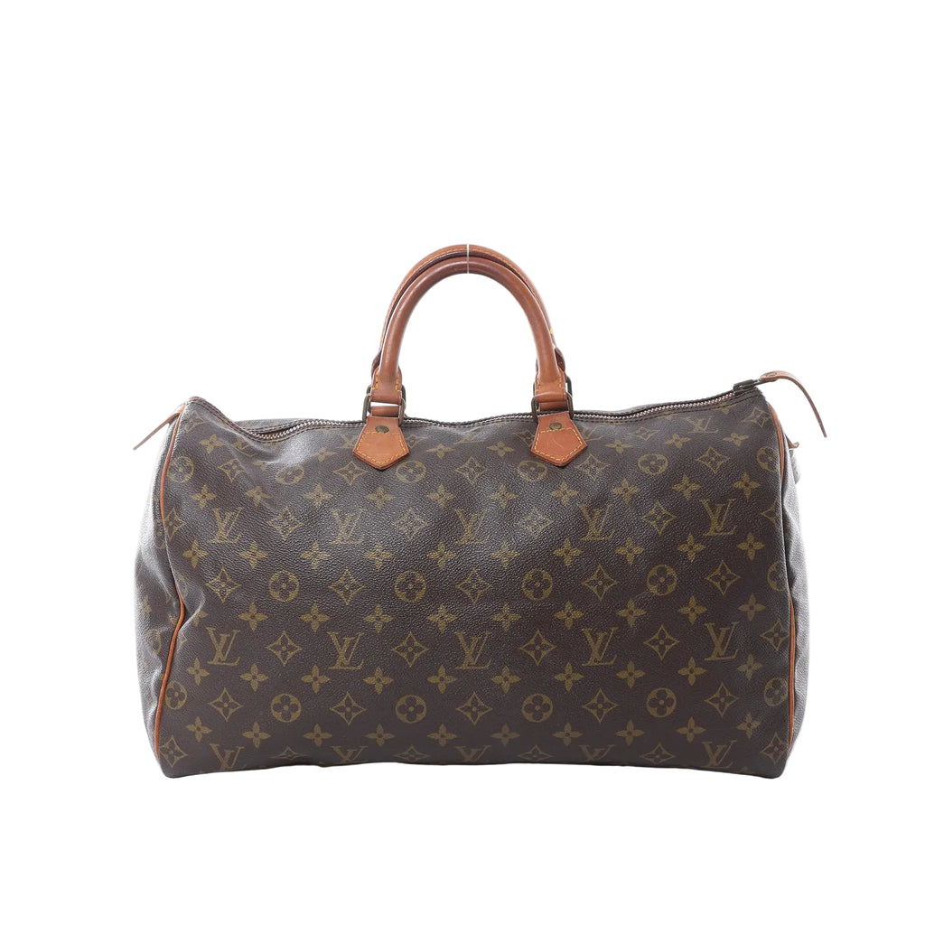 Front view of Louis Vuitton Speedy 40 handbag in brown Monogram canvas with vachetta leather top handles, zip-top closure, and brown leather trim.
