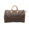 Louis Vuitton Speedy 40 brown Monogram canvas handbag with vachetta leather rolled top handles, vachetta trim, and a top zip closure, shown on a white background.