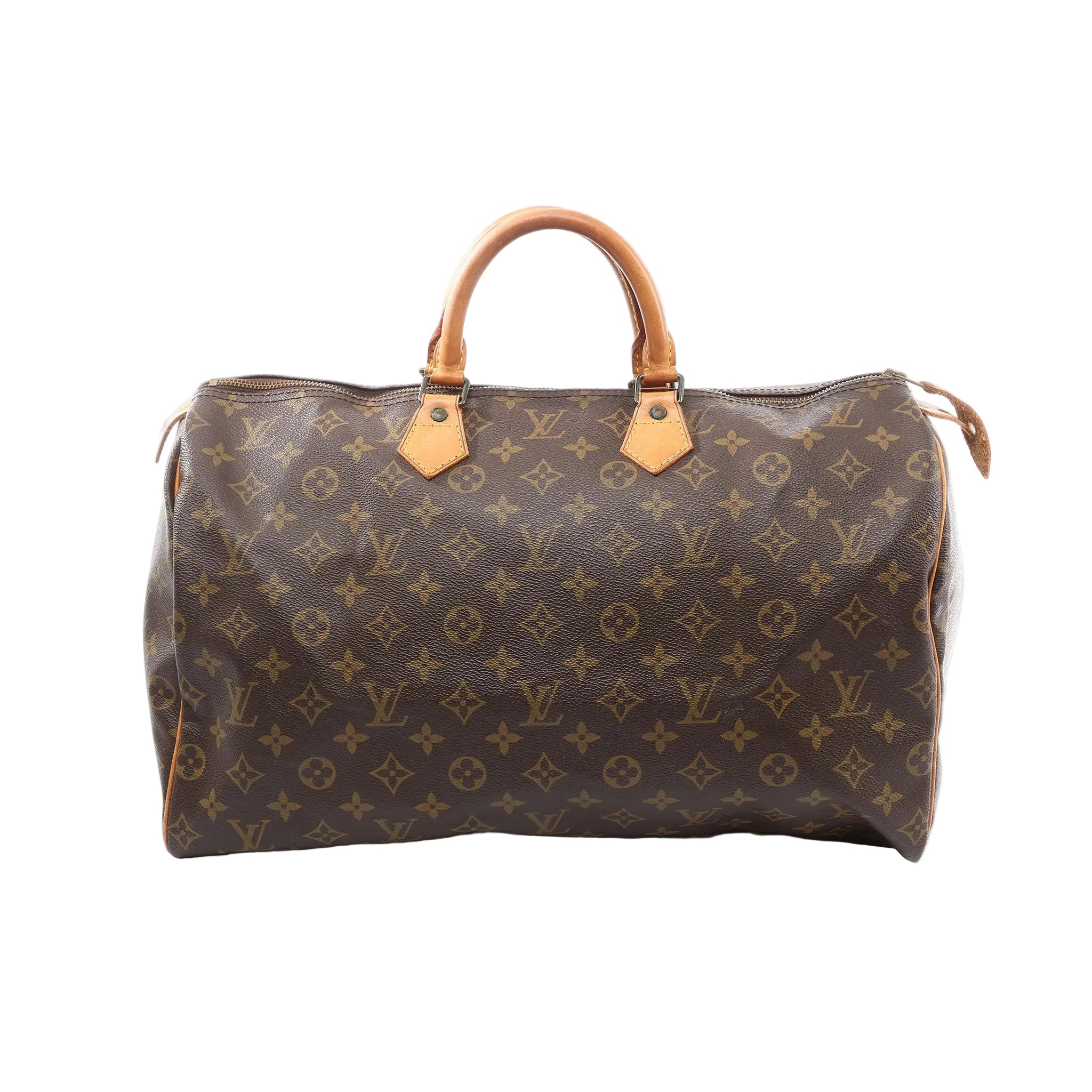 Louis Vuitton Speedy 40 brown Monogram canvas handbag with vachetta leather rolled top handles, vachetta trim, and a top zip closure, shown on a white background.
