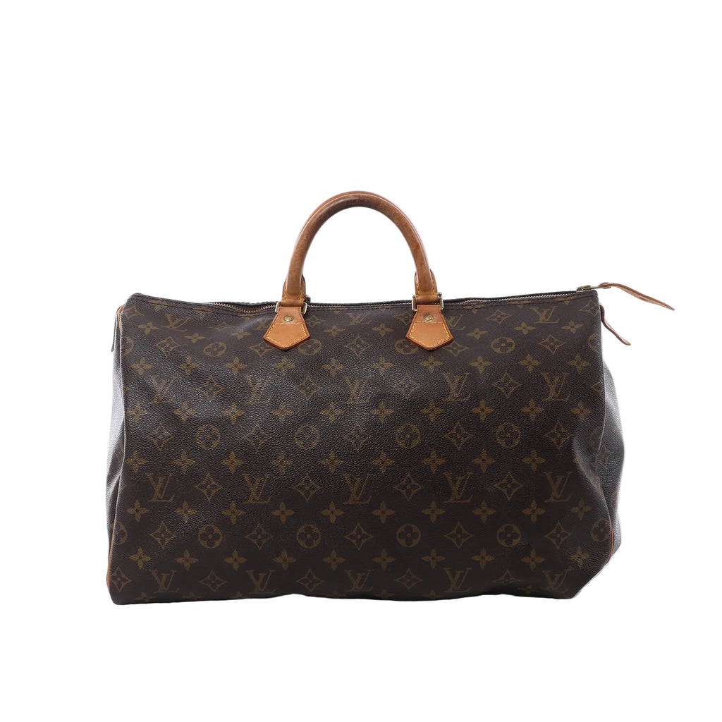 Louis Vuitton Speedy 40 handbag in brown Monogram canvas with tan vachetta leather handles, zip-top closure, and leather zipper pulls on white background.