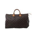 Louis Vuitton Speedy 40 handbag in brown Monogram canvas with tan vachetta leather handles, zip-top closure, and leather zipper pulls on white background.
