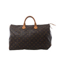 Louis Vuitton Speedy 40 handbag in brown Monogram canvas with tan vachetta leather handles, zip-top closure, and leather zipper pulls on white background.
