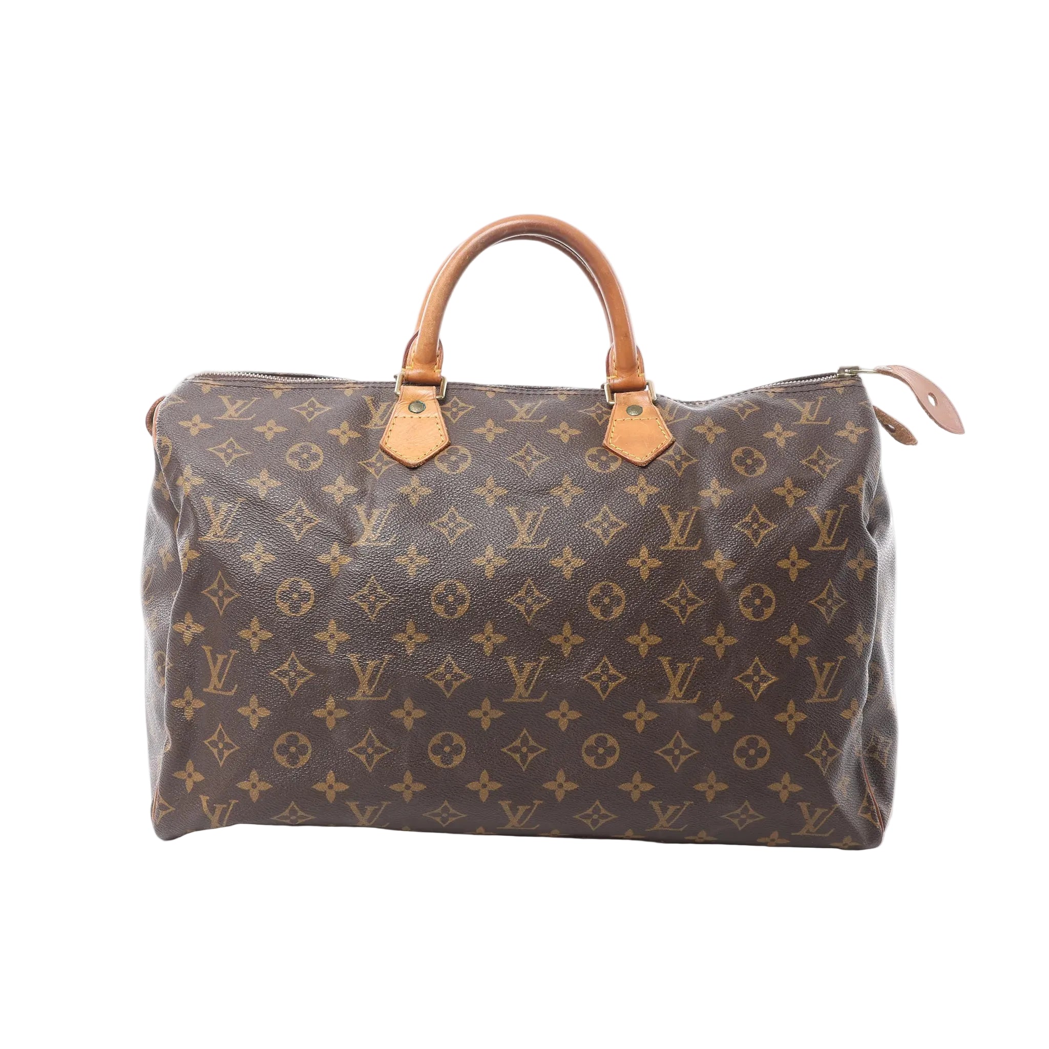 Front view of Louis Vuitton Speedy 40 Monogram canvas handbag with vachetta leather top handles and zip-top closure on a white background.