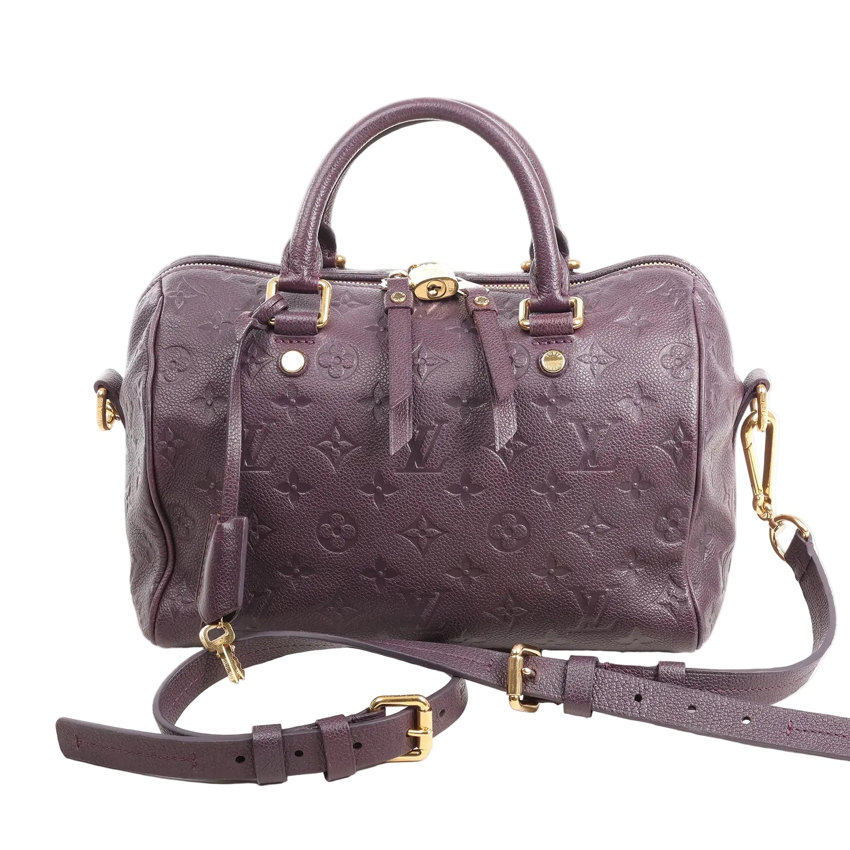Louis Vuitton Speedy 25 Bandoulière handbag in deep purple Monogram Empreinte leather, featuring embossed LV pattern, gold-tone hardware, dual top handles, and adjustable shoulder strap.