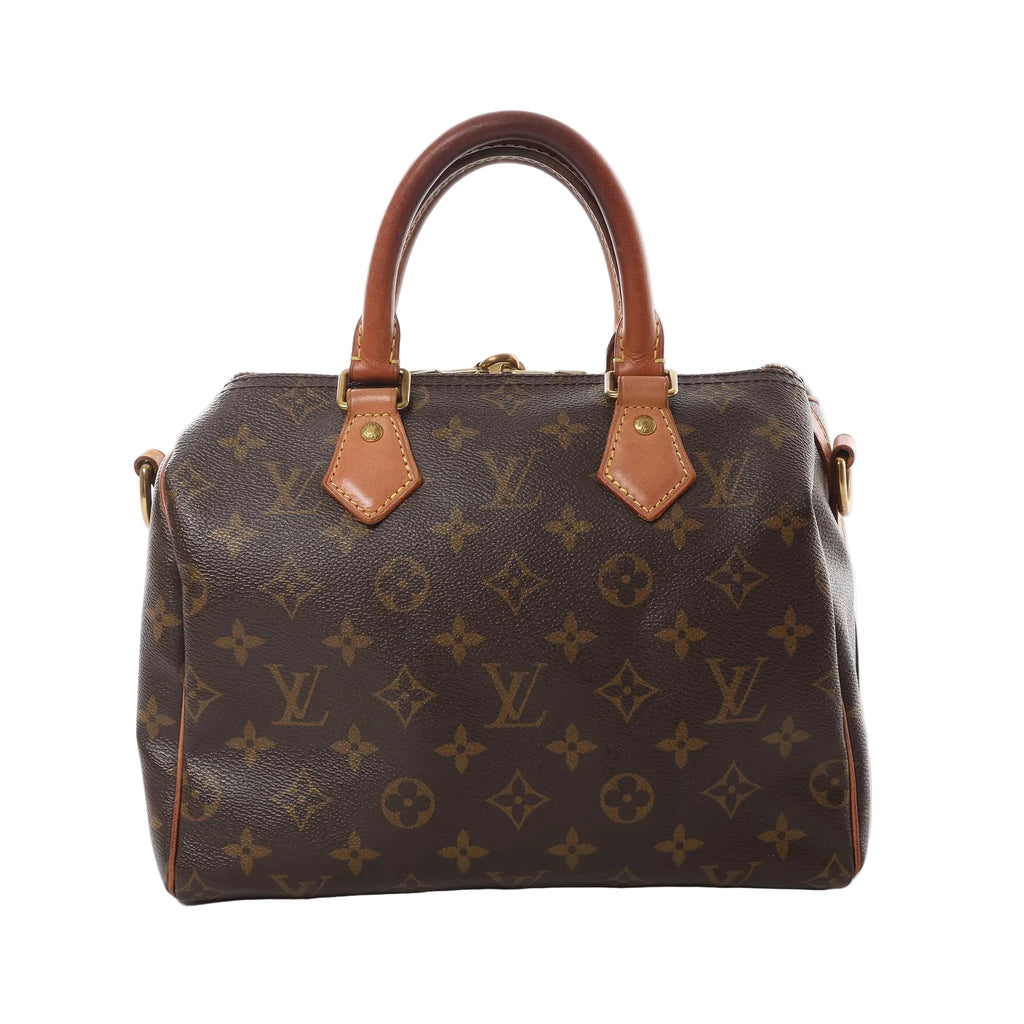 Louis Vuitton Speedy Bandoulière 25 brown Monogram canvas handbag with tan leather top handles and gold-tone hardware, front view on white background.
