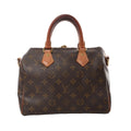 Louis Vuitton Speedy Bandoulière 25 brown Monogram canvas handbag with tan leather top handles and gold-tone hardware, front view on white background.