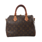 Louis Vuitton Speedy Bandoulière 25 brown Monogram canvas handbag with tan leather top handles and gold-tone hardware, front view on white background.