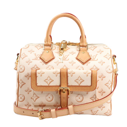 Louis Vuitton Speedy Bandoulière 25 handbag in beige Monogram Empreinte leather, featuring dual rolled leather handles, gold-tone hardware, a front flap pocket with buckle, and an adjustable beige leather shoulder strap.