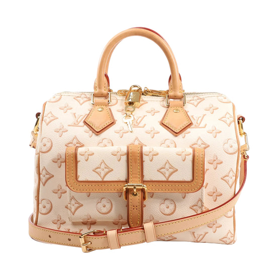 Louis Vuitton Speedy Bandoulière 25 handbag in beige Monogram Empreinte leather, featuring dual rolled leather handles, gold-tone hardware, a front flap pocket with buckle, and an adjustable beige leather shoulder strap.