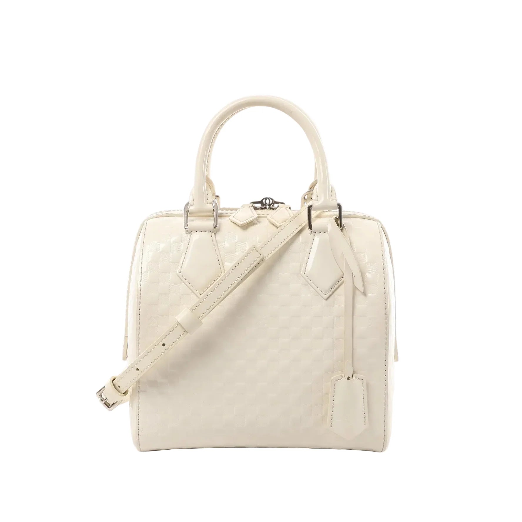 Louis Vuitton Speedy Cube PM white Damier Facette handbag with glossy check pattern, zip-top closure, top handles, and detachable shoulder strap