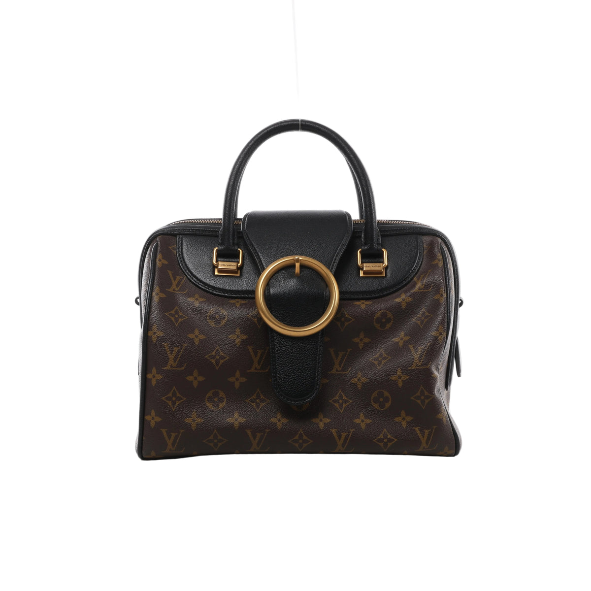 Front view of Louis Vuitton Golden Arrow Speedy 30 with brown Monogram canvas, black leather trim and handles, and a large gold-tone ring.