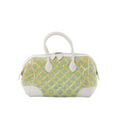Louis Vuitton Speedy Round handbag in glossy green Monogram Bouclette with light blue monogram pattern, white leather top handles and trim, and top zip closure, front view on white background