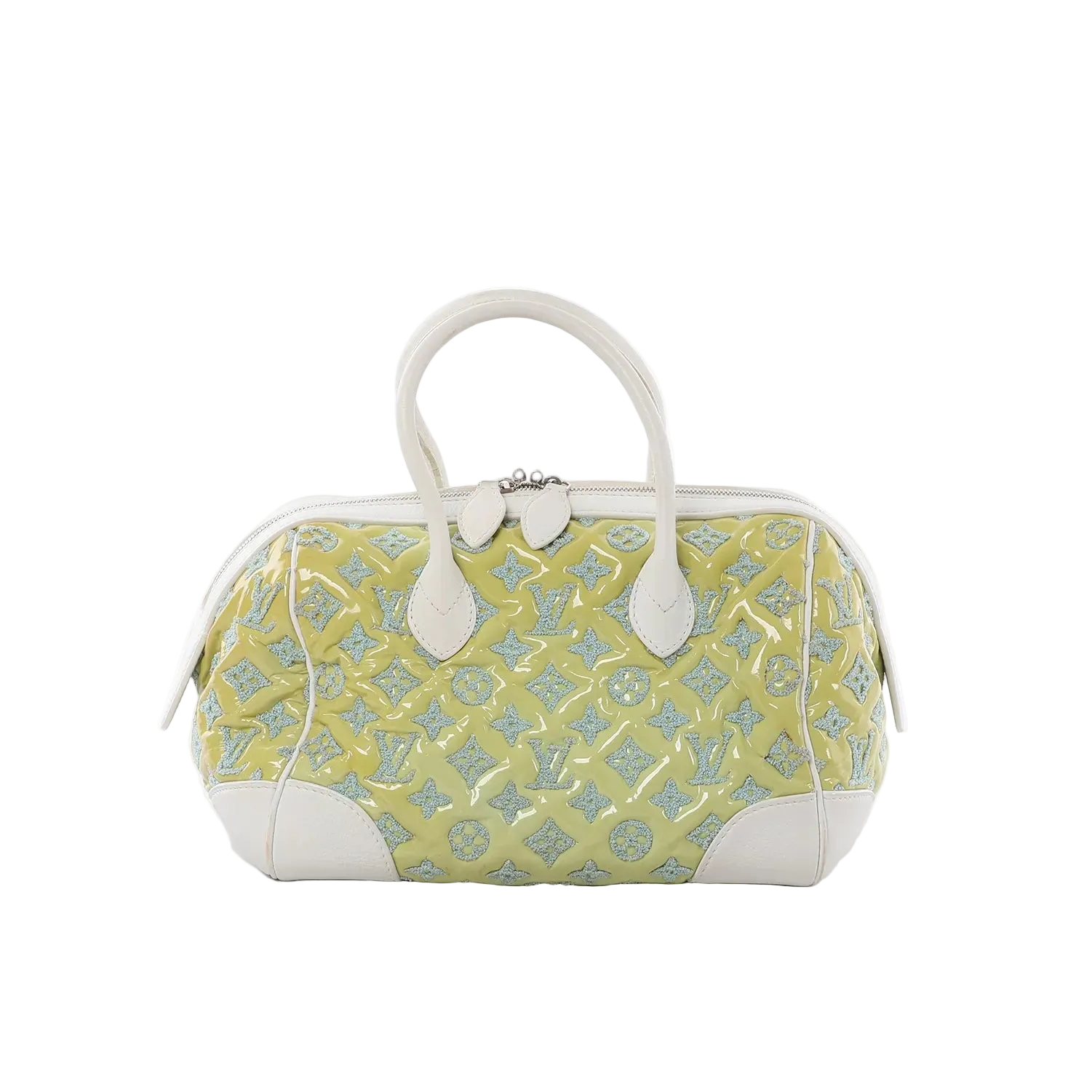 Louis Vuitton Speedy Round handbag in glossy green Monogram Bouclette with light blue monogram pattern, white leather top handles and trim, and top zip closure, front view on white background