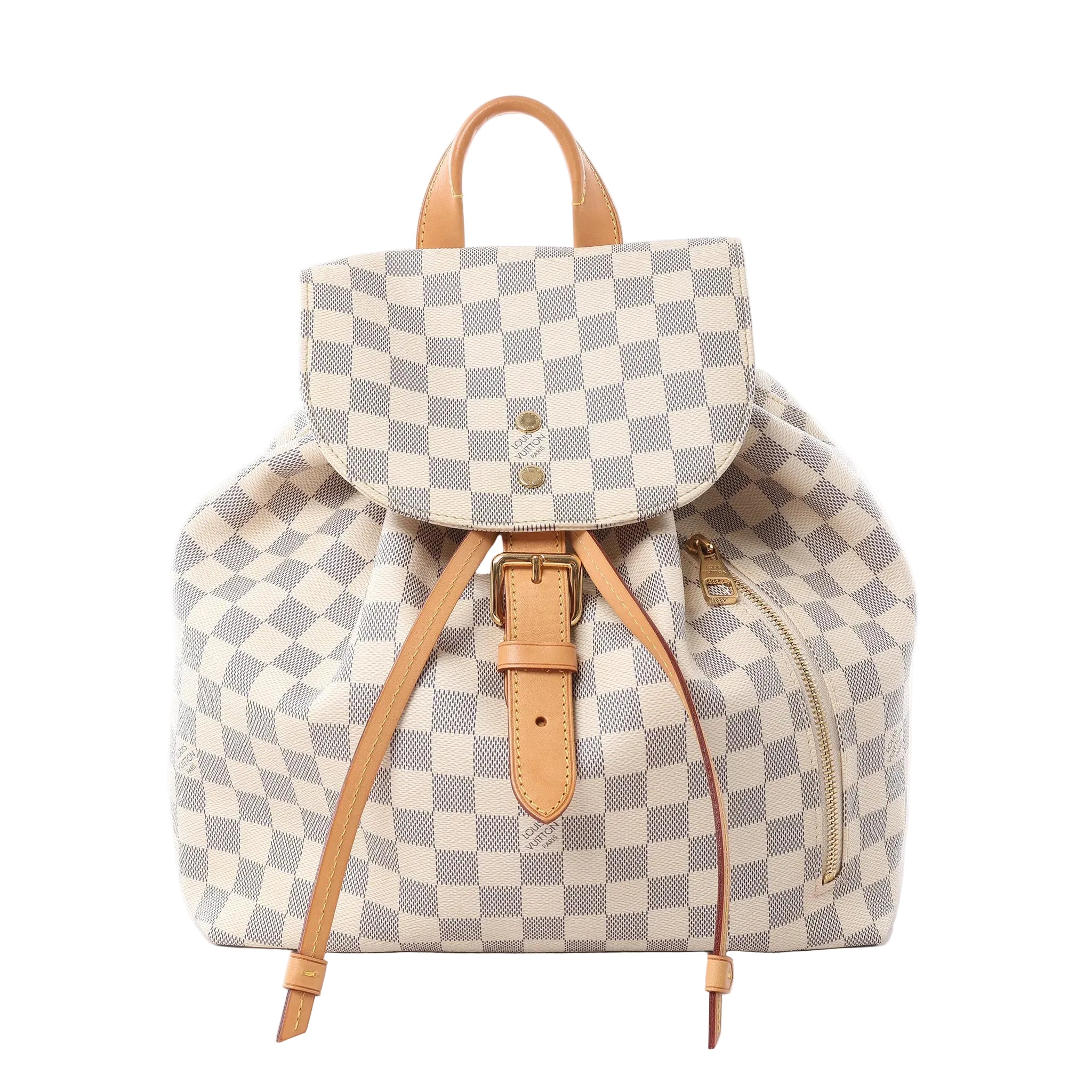 Louis Vuitton Sperone backpack in cream and grey Damier Azur canvas with tan leather trim, flap closure, drawstrings and side zip pocket.