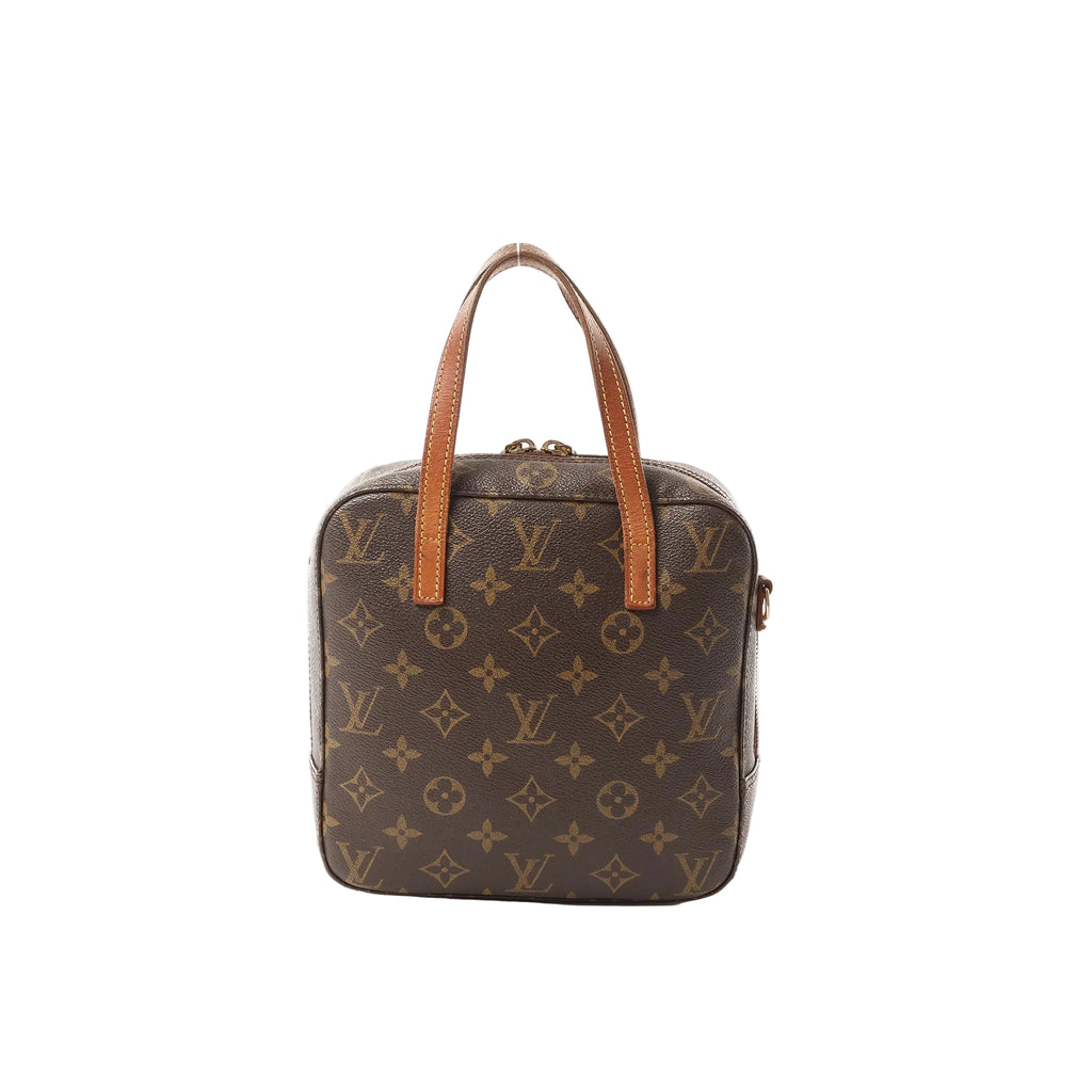Louis Vuitton Spontini handbag in brown Monogram canvas with tan leather top handles and a top zip closure, front view on a white background.