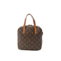 Louis Vuitton Spontini handbag in brown Monogram canvas with tan leather top handles and a top zip closure, front view on a white background.