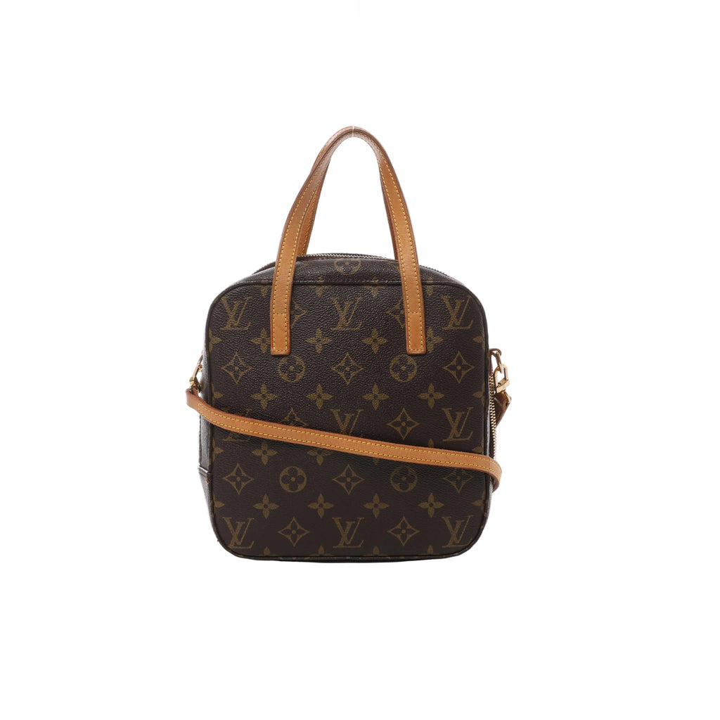 Brown Louis Vuitton Spontini Monogram canvas handbag with tan leather top handles, slim shoulder strap, rounded top and gold-tone hardware.