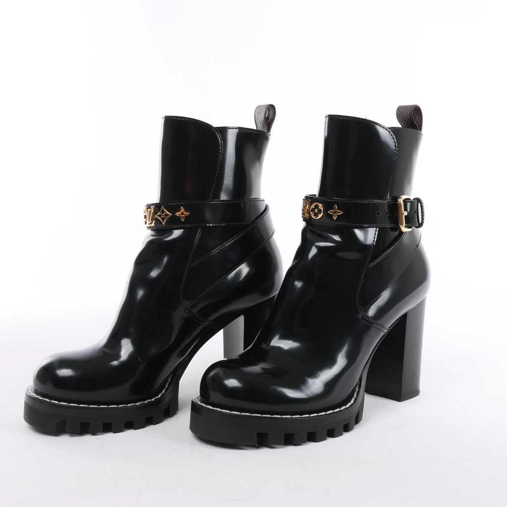 Louis Vuitton Star Trail Line 21 years Patent Leather Ankle Boots in Black MA0231, Size EU 37.5