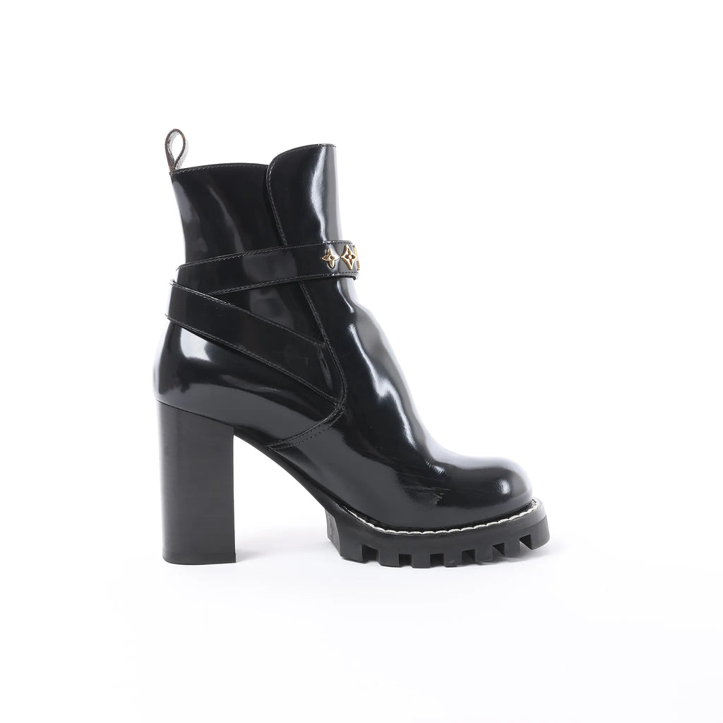 Louis Vuitton Star Trail Line 21 years Monogram Patent Leather Ankle Boots in Black MA0231, Size 38 EU