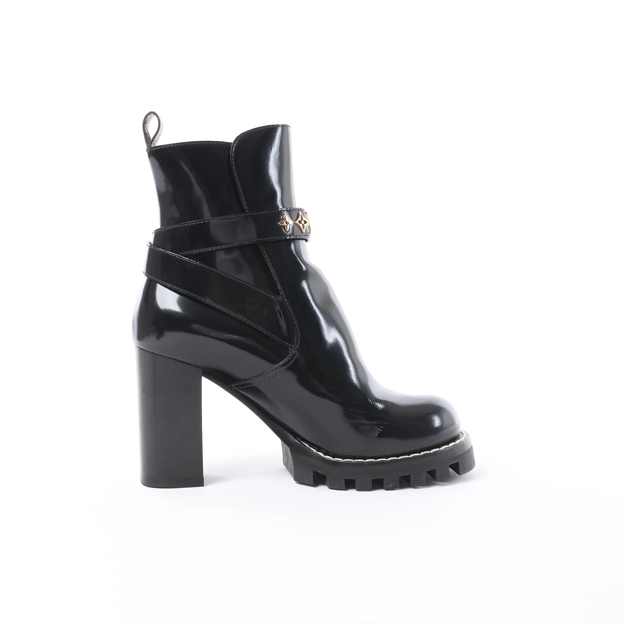 Louis Vuitton Star Trail Line 21 years Monogram Patent Leather Ankle Boots in Black MA0231, Size 38 EU