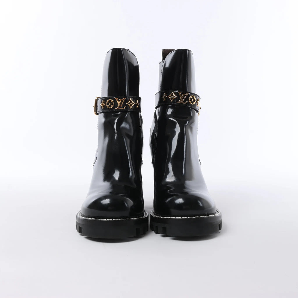 Louis Vuitton Star Trail Line 21 years Monogram Patent Leather Ankle Boots in Black MA0231, Size 38 EU