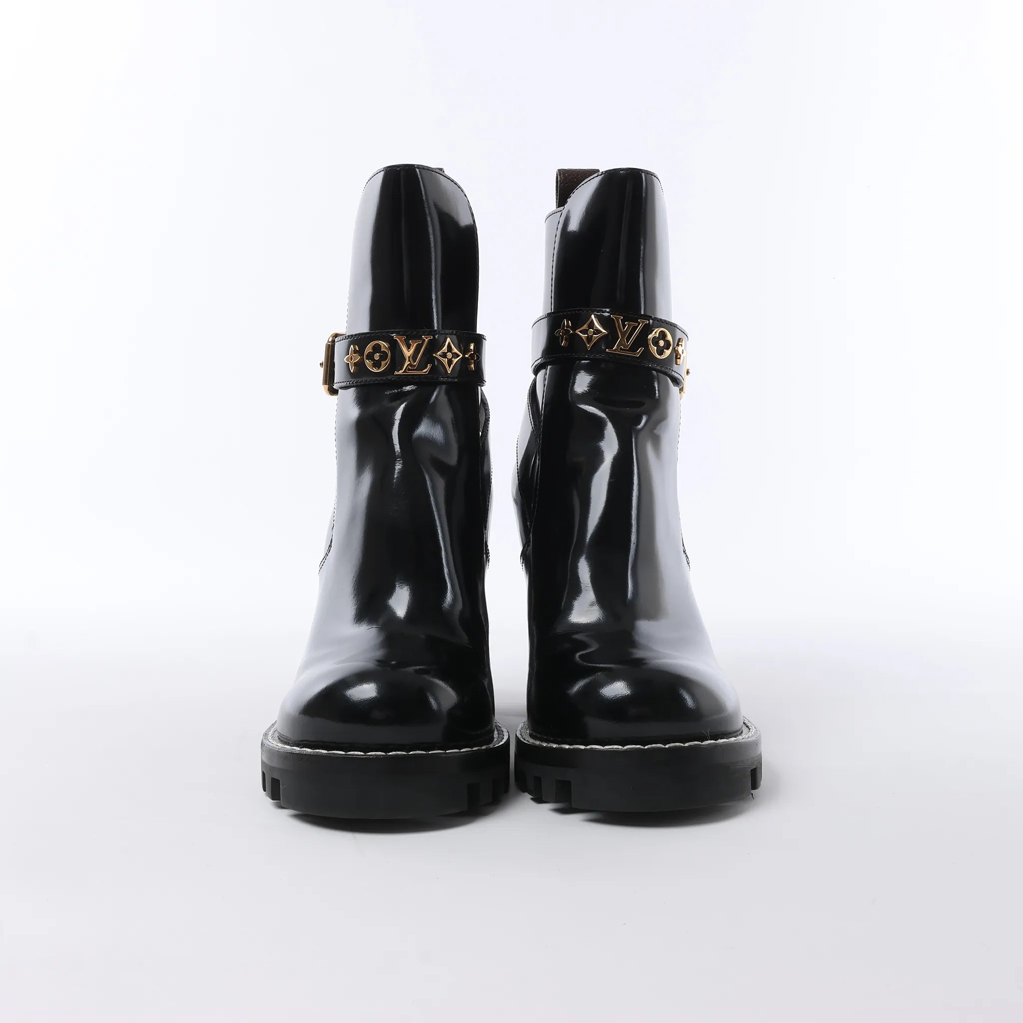 Louis Vuitton Star Trail Line 21 years Monogram Patent Leather Ankle Boots in Black MA0231, Size 38 EU